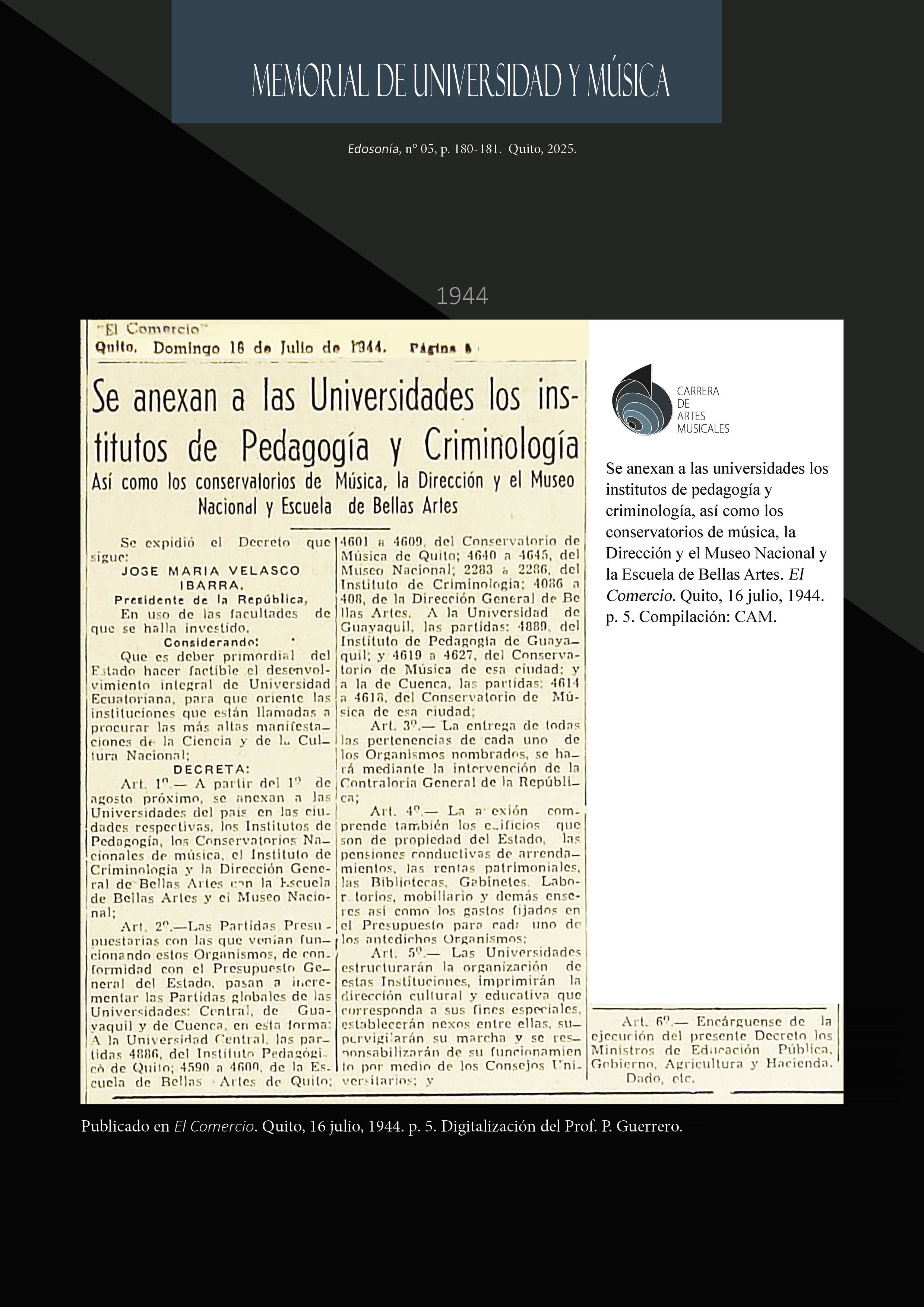 Portada Memorial de Universidad y M´úsica